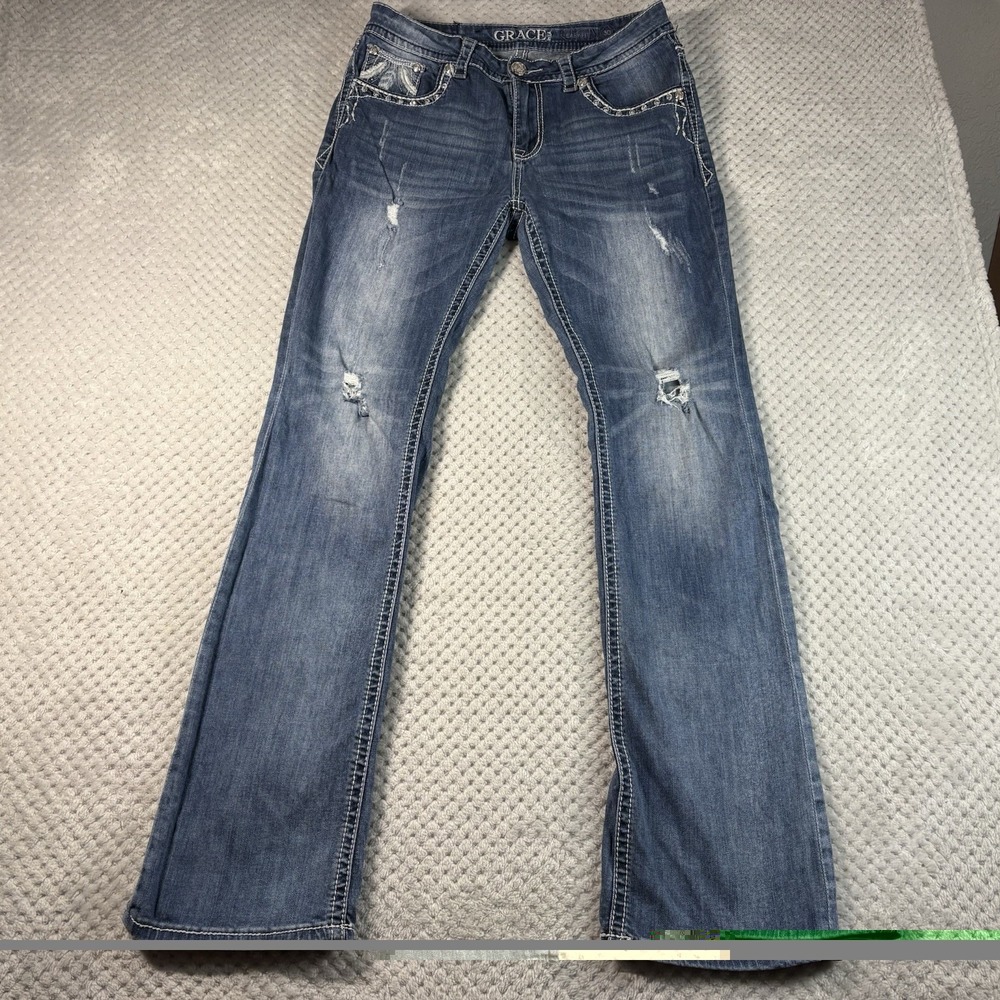 Grace in La Women's Blue Denim Bootcut Jeans, Size 30, Embroidered Pocket